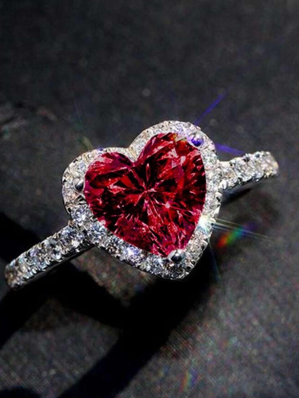 Red Heart Solitaire Ring with Halo Accent